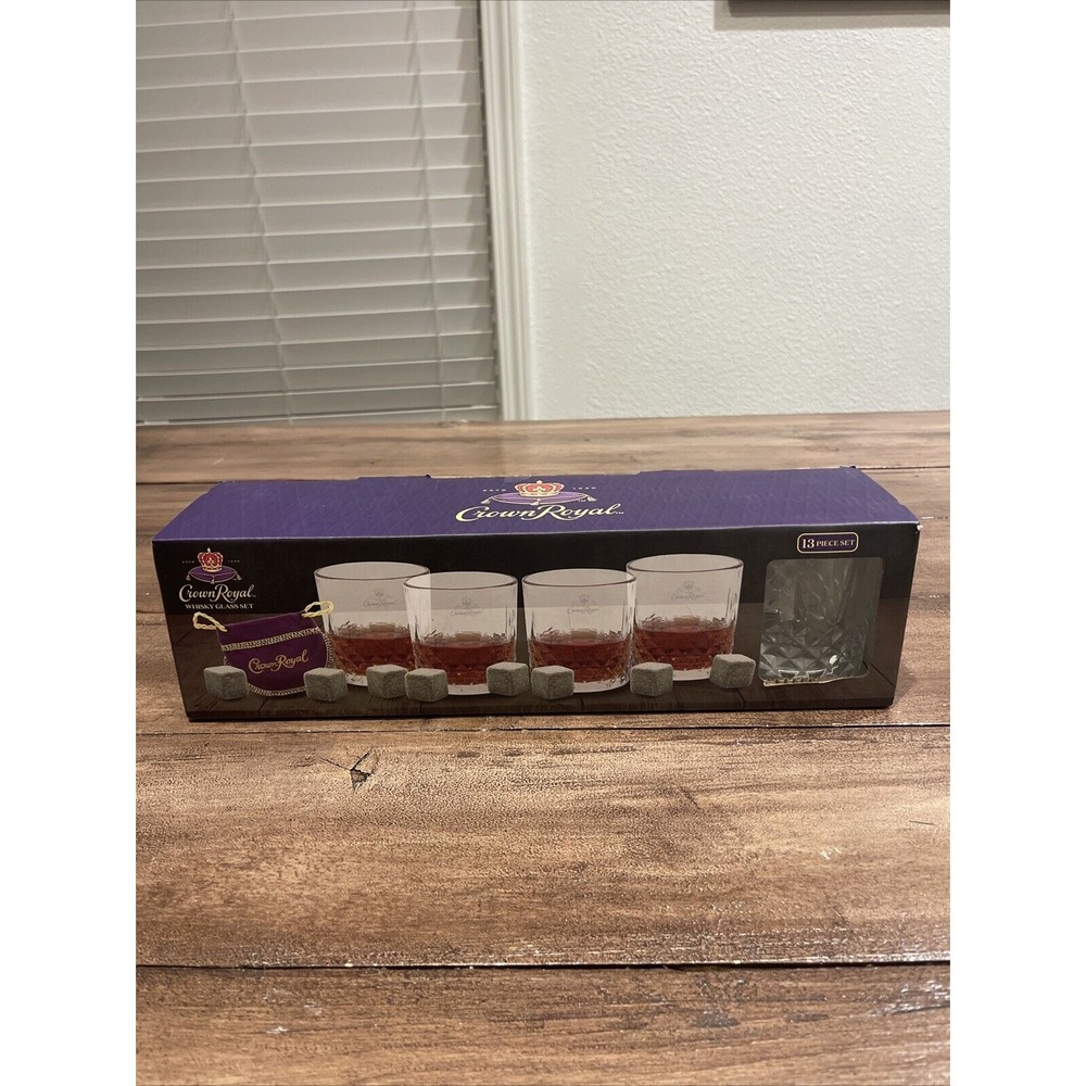 NIB Crown Royal Set of 4 Whiskey Rocks Glasses 8 Stones & Purple Cloth Bag Box